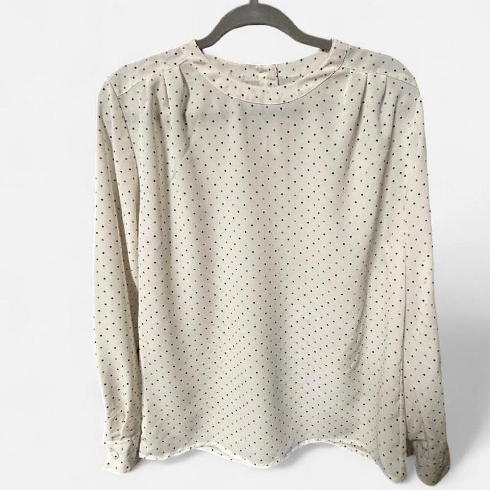 Size 8 vintage 80s white polka dot airy blouse. Semi-sheer polyester chiffon